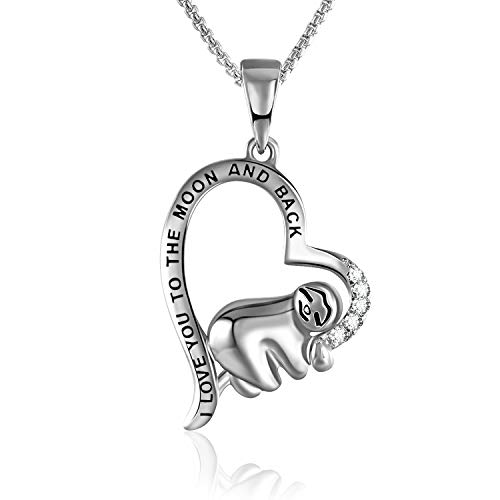 Grecia White Gold Plated Sloth Necklace for Women I Love You to The Moon and Back Love Heart Pendant Gift for Her, Jewelry for Girlfriend, Wife, Sister, Grandma, Mom