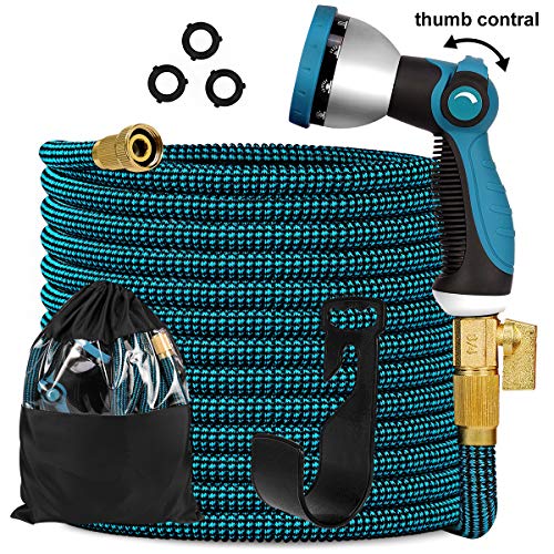 Knoikos Expandable Garden Hose 100ft - Expanding Flexible Water Hose with Durable 3750D /3/4" Solid Brass Connectors /10 Function Nozzle,Easy Storage Kink Free Garden Water Hose