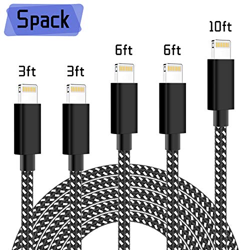 iPhone Charger,PLmuzsz MFi Certified Lightning Cable 5 Pack(3+3+6+6+10ft) Durable High-Speed Charger Nylon Braided Cord Compatible iPhone Xs/Max/XR/X/8/8Plus/7/7Plus/6S/6S Plus/SE/iPad/Nan Black&White