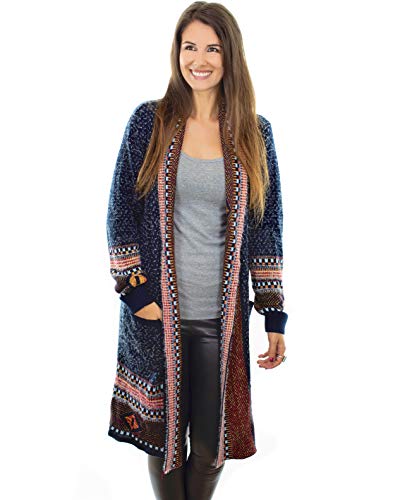 Happy Trunks Boho Long Cardigan for Women –Long Sleeve Open Front Maxi Cardigan Sweater – Boho Aztec Tribal Cardigan Duster with Two Pockets