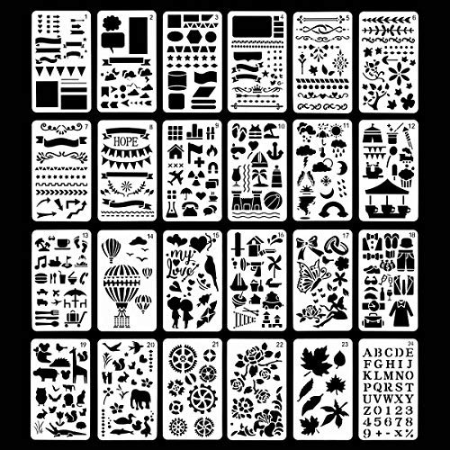 24 Pieces Journal Stencils Plastic Planner Set for Diary Scrapbook DIY Painting Drawing Craft Journal Notebook Bullet Planner Stencil Template Letters Journaling Stencils Christmas Gift (4X7 Inch)