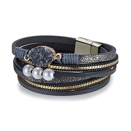 Cakadier Womens Leather Wrap Bracelet, Baroque Pearl Cuff Bracelets Multilayer Bangle Handmade Wristbands Jewelry Bohemian Gift for Women, Teen Girls, Mother