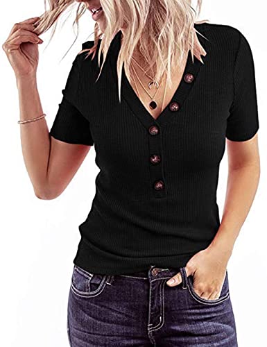 MEROKEETY Women's Short Sleeve V Neck Ribbed Button Tops Basic Solid Color Tee Shirts