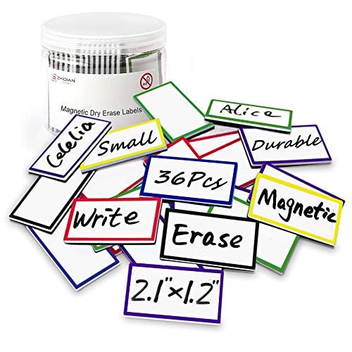 36Pcs Magnetic Name Tags Small Thick Dry Erase Magnet Labels Writable Wipable Mini Magnetic Tapes Strips for Classroom Office Calendar Whiteboards Shelf Garage Fridge, 2.1x1.2"