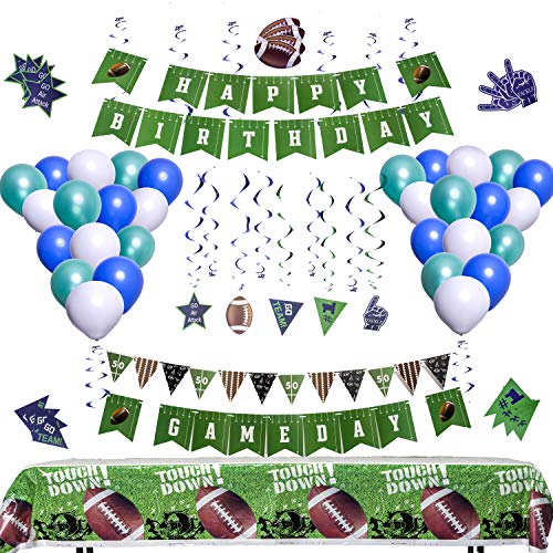 Football Party Decorations [81 Piece Set] | Football Party Supplies | Football Tablecloth | Football Gameday and Happy Birthday Banner | Football Pennants | Football Balloons | Hanging Swirls | Football Decorations