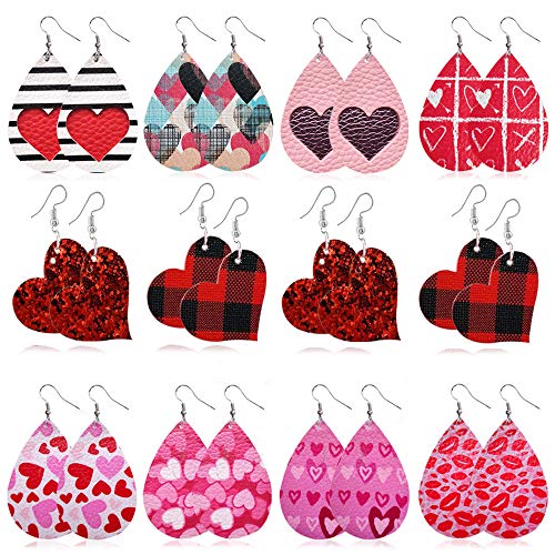Women Faux Leather Earring Set Valentine's Day Hearts Teardrop Dangle Earrings Holiday Jewelry Accessory