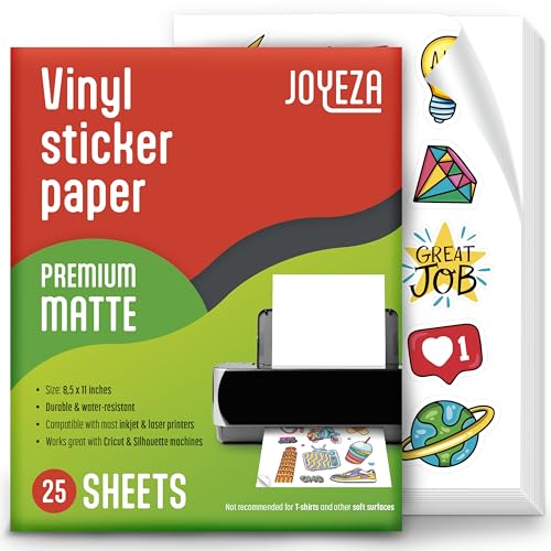 JOYEZA Printable Vinyl Sticker Paper for Inkjet Printer - 20 Sheets Matte White Decal Paper - Guaranteed Water, Tear & Scratch Resistant Quick Ink Dry for Cricut Inkjet and Laser Printer