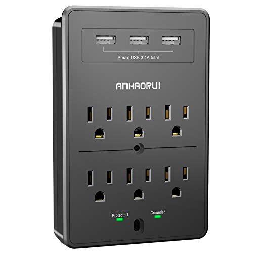 Book Cover Multi Plug Outlet, Surge Protector, ANHAORUI Outlet Splitter with 6 Outlet Extender and 3 USB Ports (Black)