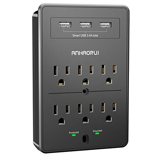 Multi Plug Outlet, Surge Protector, ANHAORUI Outlet Splitter with 6 Outlet Extender and 3 USB Ports (Black)