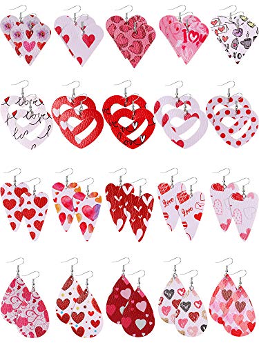 20 Pairs Valentines Faux Leather Earrings Heart Shaped Leather Earrings Teardrop Dangle Earrings Lightweight Leather Earrings