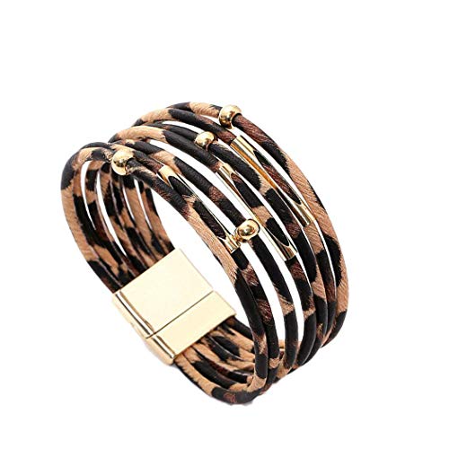 wumedy Women Leopard Bracelet Metal Pipe Charm Multilayer Wide Leather Wrap Bangle Gift Bangle
