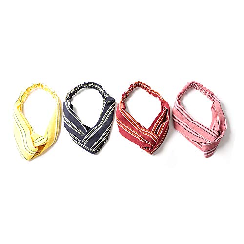Lonnie Life Headbands for Women Turban Headbands for Women Girls Vintage Flower Printed Cross Elastic Hair Bands Hair Accessories 4Pcs (stripe)