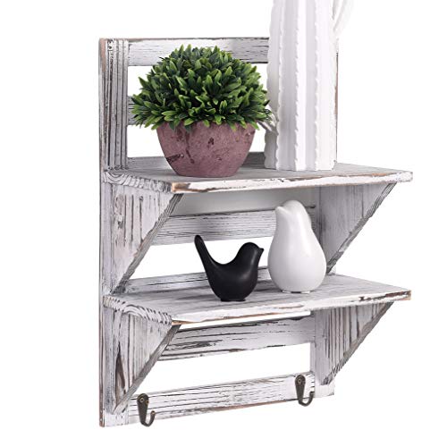 RHF Rustic Shelves Bathroom Shelf Over Toilet Wood Wall Mounted Shelves for Bathroom Floating Shelves Wall Shelves 2 Hooks 2-Tier,Wall Hanging Shelf Organiser Rack (White)