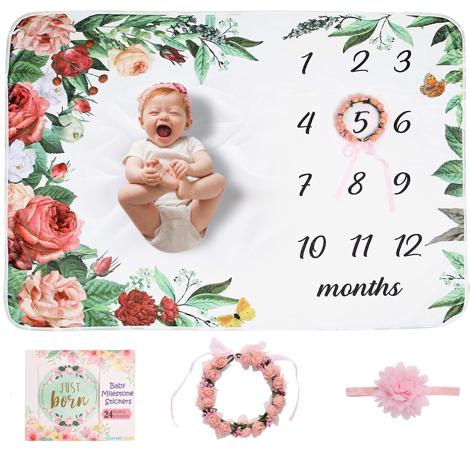 Book Cover Baby Monthly Milestone Blanket | Floral Monthly Milestone Stickers, Premium Floral Wreath & Headband | Extra Soft Fleece Baby Photo Blankets for Newborn 1-12 Months for Girl and Boy