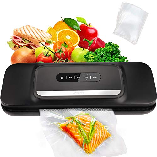 Vacuum Sealer Machine for Food- Automatic Food Sealer for Food Savers w/Starter Kit with 25 Pcs Vacuum Bags , Compact Design with Dry & Moist Food Modes and Led Indicator Lights , Free Your Hands and Easy to Clean（Black）