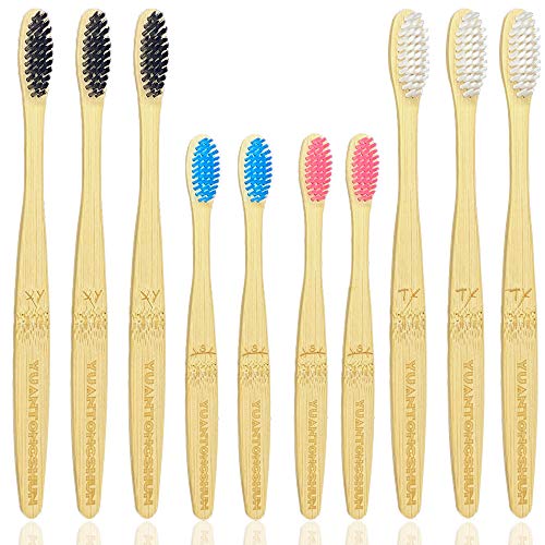 yuantongshun Bamboo Toothbrush,10 Pack Natural Biodegradable Bamboo Toothbrushes, BPA-Free Eco-Friendly Soft Bristles Charcoal Toothbrushes (Family Color)