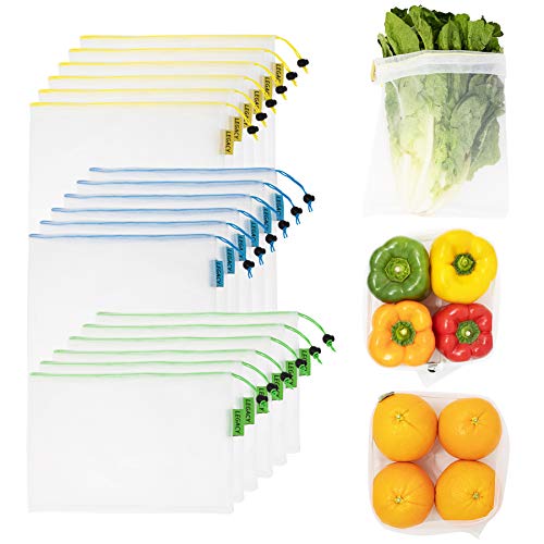 Legacy - Set of 18 - Premium Reusable Produce Bags - Mesh with Drawstring for Fruits and Veggies - Green Eco-Friendly Sustainable Grocery Shopping - Washable - Fresh Food Storage