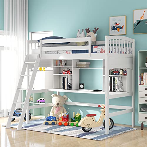Book Cover Wood Loft Bed with Desk Twin Size Study Loft Bed Frame with Angled Ladder, Environmental and Natural Finish for Kids and Teens