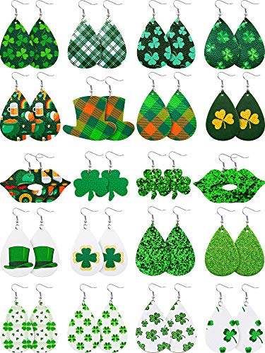 20 Pairs St Patrick's Day Faux Leather Earrings Clover Teardrop Dangle Earrings