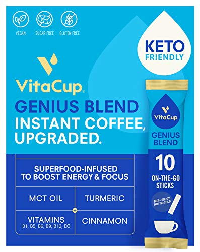 Book Cover VitaCup Genius Coffee Instant Stick Hot or Cold Brew for Energy & Focus w/ KETO MCT Oil, Turmeric, Cinnamon & Vitamin B Complex D in 10 ct. single serve packets