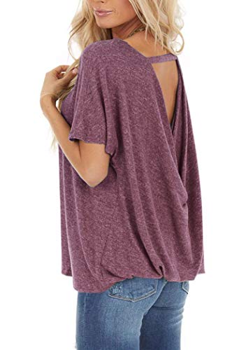 LCSOFT Women's Cutout Back Twist T Shirts Round Neck Tee Short Sleeve Loose Top