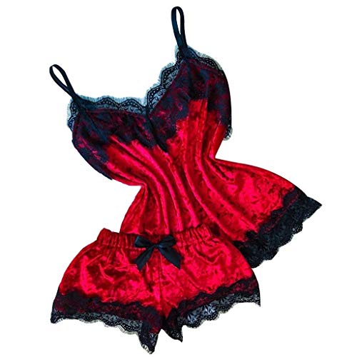 Women Sexy 2Pcs Pajamas Set Satin Silk Sleepwear Lace Trim V Neck Lingerie Strap Cami Shorts Nightwear Homewear