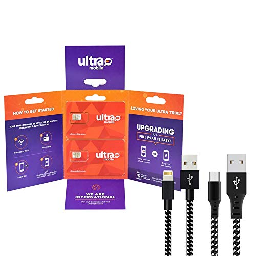 $5 Trial Kit by Ultra Mobile | Prepaid SIM Card - 7 Days of 100 Minutes, 100 Texts, and 100MB of Data | 3ft Lightning and Micro USB Cable