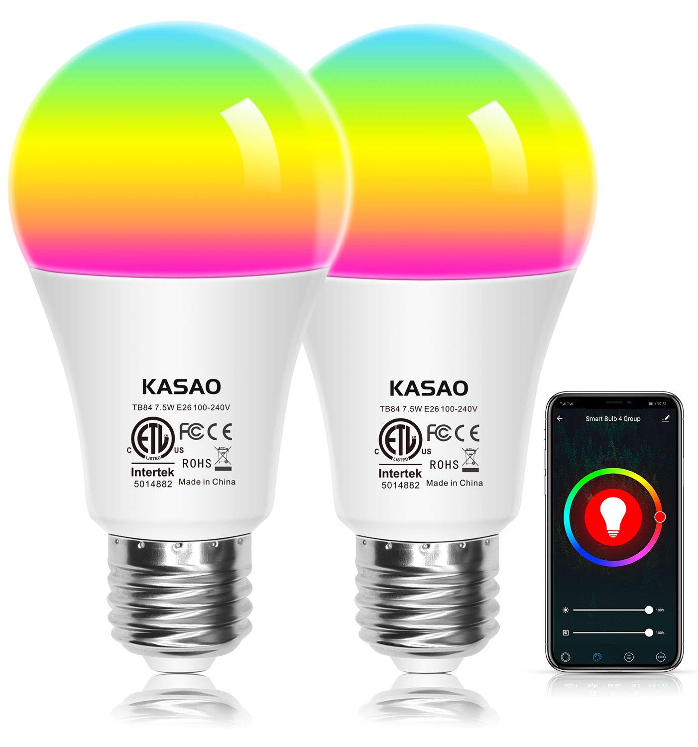 Book Cover WiFi Smart LED Light Bulbs, A19 E26 RGB+W Color Changing Light Bulb Compatible with Alexa, Google Home Assistant and IFTTT + APP Control No Hub Required 7.5W (60W Equivalent)-2 Pack