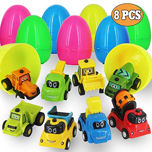 heytech 8 Pack Filled Easter Eggs Filled with Pull-Back Construction Vehicles Easter Egg Hunt Game, Cars Toys Party Favor for Kids, Boys, Girls, Chilren (8 Pack)