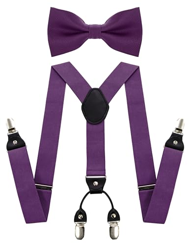 JEMYGINS Solid Color Suspender and Silk Bow Tie Sets for Men