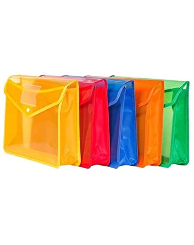 SPS Envelope Folder, Transparent Poly-Plastic A4/Foolscap Documents File Storage Bag with Snap Button Set of 5/Certificate File Folder