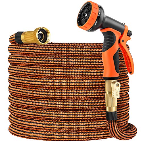 OUTZEST 50ft Expandable Garden Hose, Leakproof Lightweight Water Hose with 9 Functions Sprayer and Super Durable 3750D Fabric, Gardening Flexible Hose Pipe with Solid Brass Fittings