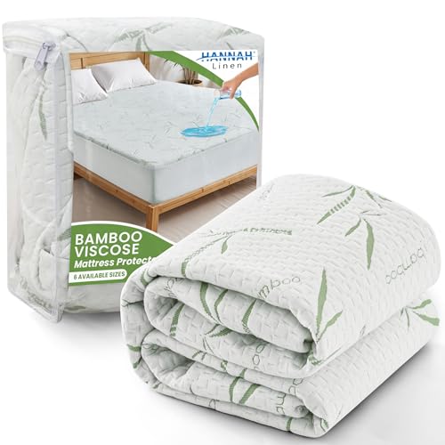 Hannah Linen Bamboo Mattress Protector King Size - Hypoallergenic & Breathable Waterproof Mattress Cover - Fitted Cover with Cooling Fabric - Pillow Top Mattress Pad 16 Inches Deep Pocket
