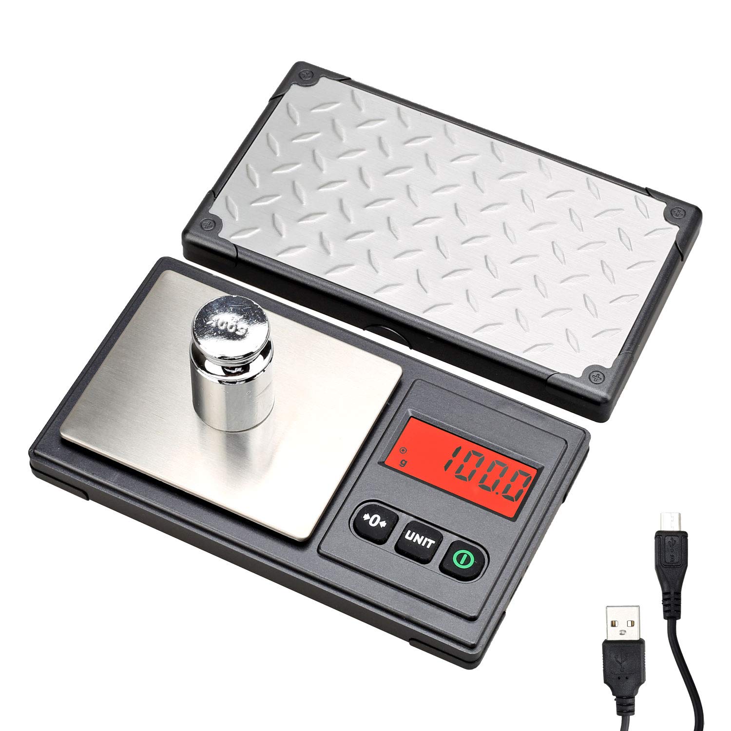 Book Cover Gram Scale 220g / 0.01g, Digital Pocket Scale with 100g Calibration Weight,Mini Jewelry Scale, Kitchen Scale,6 Units Conversion, Tare & LCD Display, Auto Off, Rechargeable