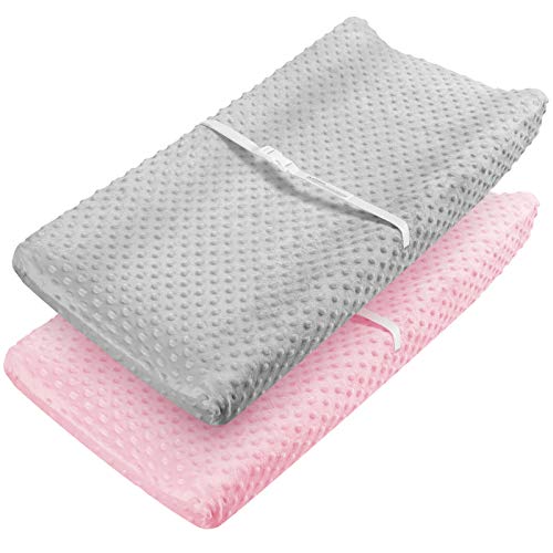 Book Cover Babebay Changing Pad Cover - Ultra Soft Minky Dots Plush Changing Table Covers Breathable Changing Table Sheets Wipeable Changing Pad Covers Suit for Baby Boy and Baby Girl (Pink & Lt Gray)