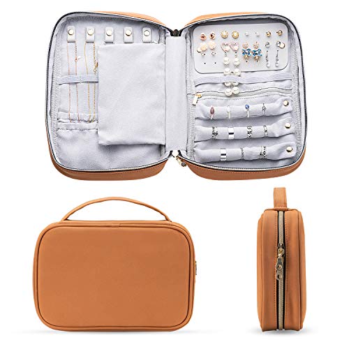Famiry Travel Jewelry Organizer, Large Capacity Case for Tangle-Free Earrings, Necklace, Earrings, Rings, Bracelet （Brown Vegan Leather） - Perfect for Valentine's Day