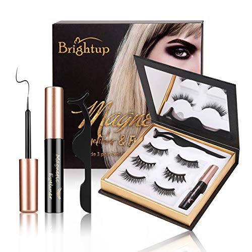 Book Cover Brightup Magnetic Eyelashes with Eyeliner, 3D Natural Look Reusable False Magnetic lashes Kit, Long Lasting Waterproof Magnetic Eyeliner, Twinkle Mirror Box with Tweezers, Ideal For Gift (Black)