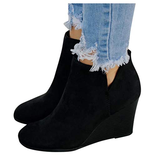 Meikosks Women's Wedges Ankle Booties Retro V Cutout Comfy Short Boots Flock Leather Zip Closure Stacked Chunky Block Heels Shoes