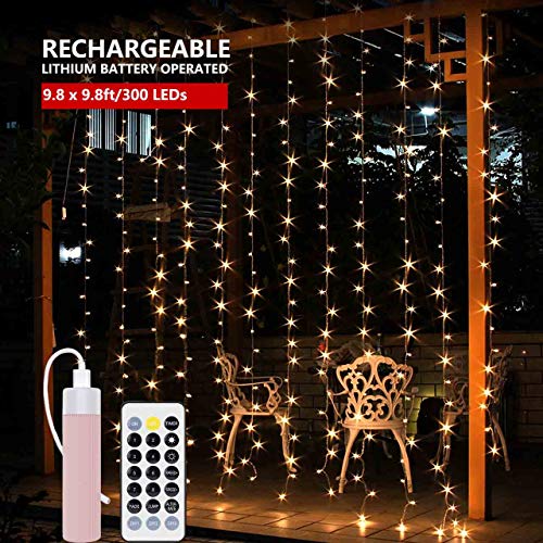ShareThings Rechargeable Battery Operated Curtain Lights with Remote Timer 10 x 10ft 300LEDs for Wedding Backdrops Bedroom Decor Fairy Lights Curtain Outdoor Icicle Lights