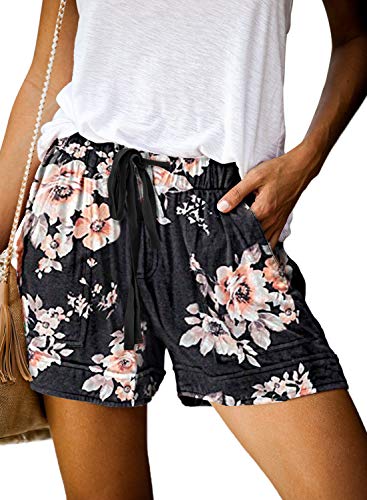 Shawhuwa Womens Drawstring Elastic Waist Summer Casual Beach Shorts with Pockets