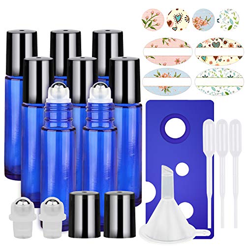 8 Pack, HwaShin 10 ml Glass Roll on Bottles, Essential Oil Roller Bottles with Stainless Steel Roller Balls(1 Opener, 1 Funnel, 3 Droppers,2 Extra Roller Balls & 12 Pieces Labels Included)