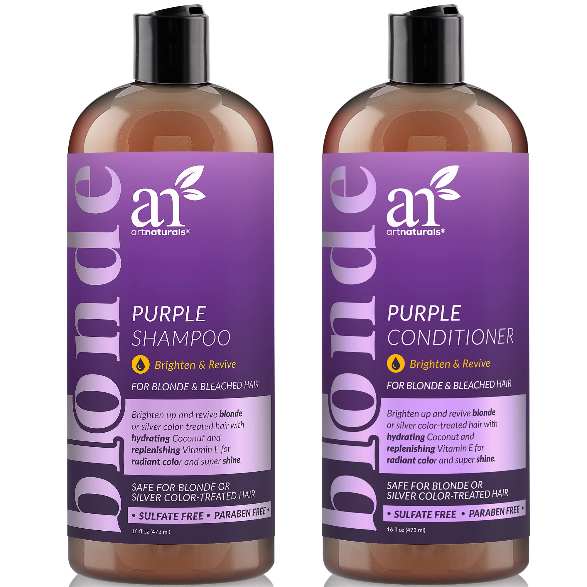 Book Cover artnaturals Purple Shampoo and Conditioner Set – (2 x 16 Fl Oz / 473ml) – Protects, Balances and Tones – Bleached, Color Treated, Silver, Brassy and Blonde Hair - Sulfate Free 16 Fl Oz (Pack of 2)
