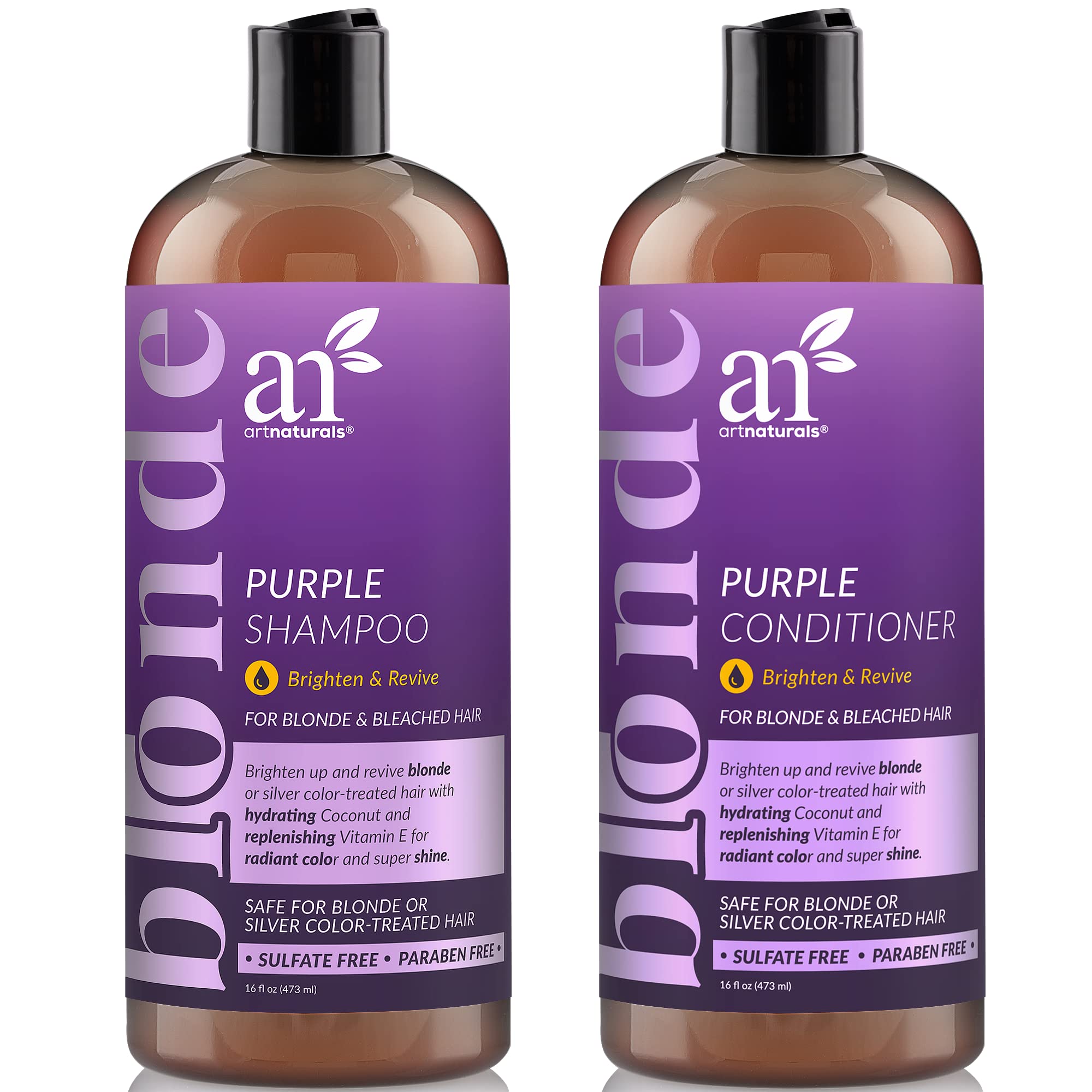 artnaturals Purple Shampoo and Conditioner Set – (2 x 16 Fl Oz / 473ml) – Protects, Balances and Tones – Bleached, Color Treated, Silver, Brassy and Blonde Hair - Sulfate Free 16 Fl Oz (Pack of 2)