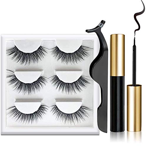 Magnetic Eyeliner and Lashes Kit, No Glue Natural Reusable & Waterproof False Eyelashes, Leather Gift Mirror Box (black)
