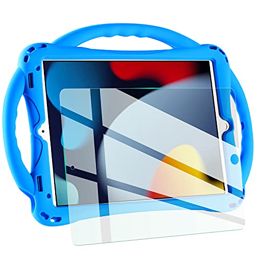 TopEsct kids case for new ipad 10.2 inch 2021 /2020/2019, iPad 9th/8th/7th Generation Case for Kids,with Tempered Glass Screen Protector and Strap,Silicone Shockproof ipad 10.2" 2021 Cover(Blue)