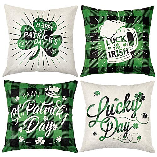 D-FantiX St. Patrick's Day Pillow Covers 18x18 Inch, Green Happy St Patrickâ€™s Day Throw Pillow Covers Set of 4 Square Linen Cushion Cover St. Patrickâ€™s Day Decorations