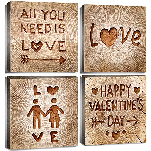Book Cover YOOOAHU Happy Wall Decor Art Signs Quotes and Sayings Love Heart Wood Carving Canvas Prints for Lover Couples Bedroom Living Room 'All You Need is Love' Wooden Framed 12x12 Inch 4 Pcs