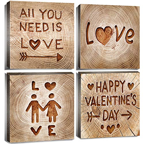YOOOAHU Happy Wall Decor Art Signs Quotes and Sayings Love Heart Wood Carving Canvas Prints for Lover Couples Bedroom Living Room 'All You Need is Love' Wooden Framed 12x12 Inch 4 Pcs