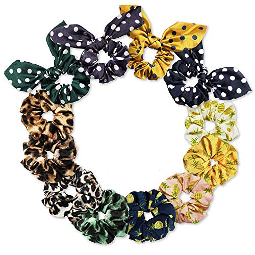 Scrunchies for Hair, 12 Pack Hair Elastics Scrunchies, Cute Pineapple Hair Ties, Hair Bands with Leopard Pattern, Polka Dot Scrunchies with Ribbon, Great Gift for Women or Girls