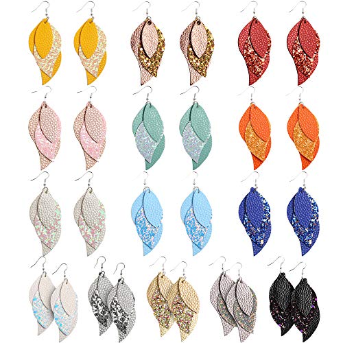 Sntieecr 14 Pairs Leather Earrings 3 Layered Lightweight Faux Leather Leaf Earrings Layered Design Drop Earrings Glitter Dangle Earring Gift Set for Women